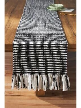 Anthropologie, NWT Upcycled Sari Table Runner, Black White Colorblock